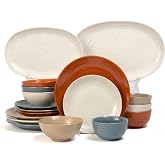 Sango Siterra Painter's Palette 18-Piece Stoneware Dinnerware Set and Speckled White Platters, Ceramic Plates and Bowls Sets for Everyday Dining