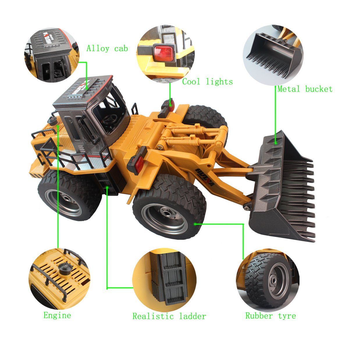 RC Wheeled Front Loader Remote Control Bulldozer Truck 6 Channel 2.4G Alloy Vehicle Tractor Toy with Lights