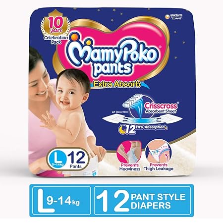 MamyPoko Pants Extra Absorb Diapers, Large (Pack of 12)