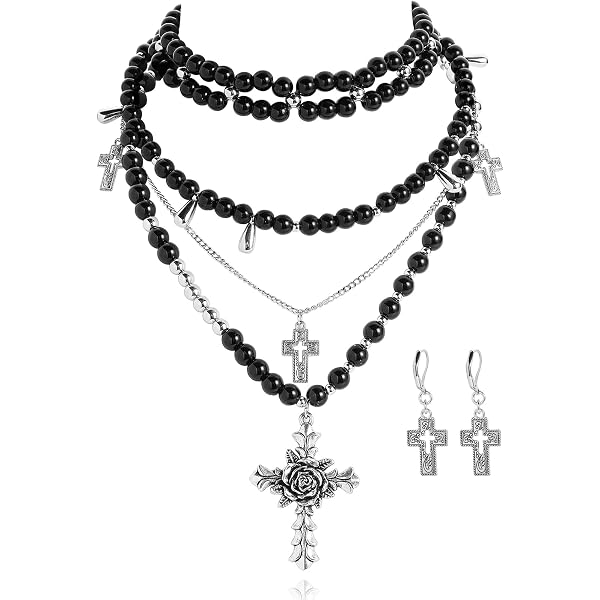 Gothic Black Cross Layered Beaded Choker Necklace - Star Charm Jewelry Gift For Women & Men - View #2