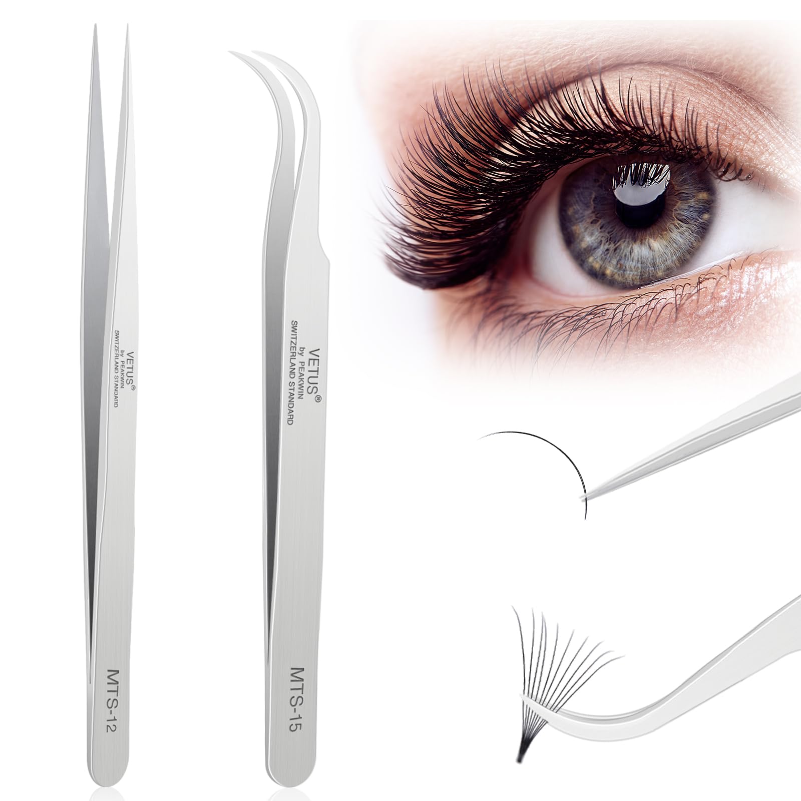 LZM 2 Pcs Eyelash Extension Tweezers, J Curved Eyelash Tweezers Straight Lash Extensions Tweezers for Volume & Individual Lash Tweezers, Precise Lash Tweezers (MTS-12 & MTS-15)