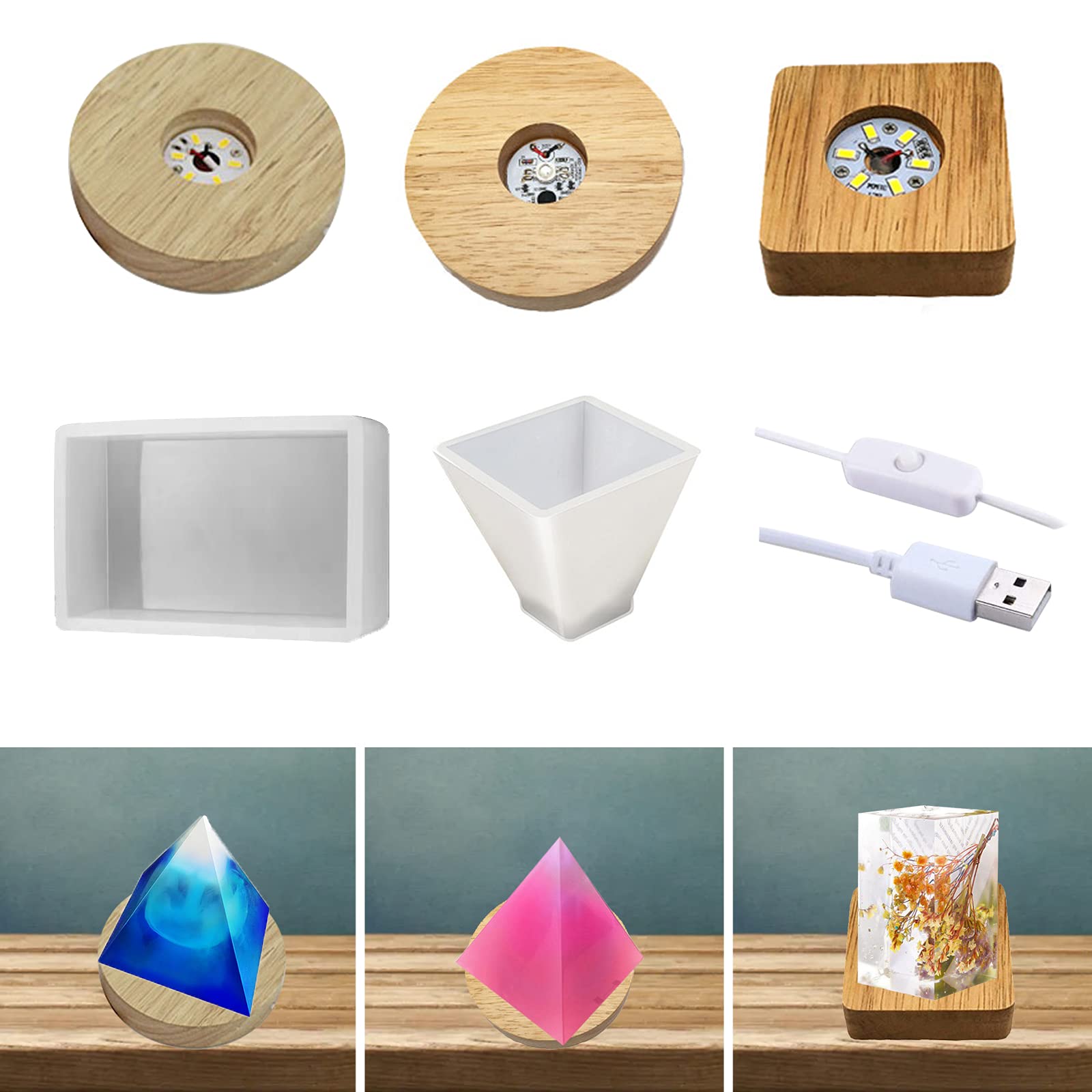 CDIYTOOL 5 Pieces Light Epoxy Resin Mold, LED Square Silicone Molds with USB Wooden Lighted Base for Table Lamp DIY, Resin Lamp and Table Decoration Ornaments DIY Art Supplies