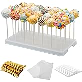 28 Holes Cake Pop Stand for Cake Pops, Lollipop Hold Stand, Cake Pop Display Holder, Candy Pop Holder with 100 Pcs Cake Pop Sticks, 100 Pcs Cake Pop Bags, 100 Pcs Gold Twist Ties(White)