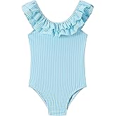 LIZENS Girls One Piece Swimwear Yellow Stripe Ruffle Striped Swimsuit for Kids 2-12
