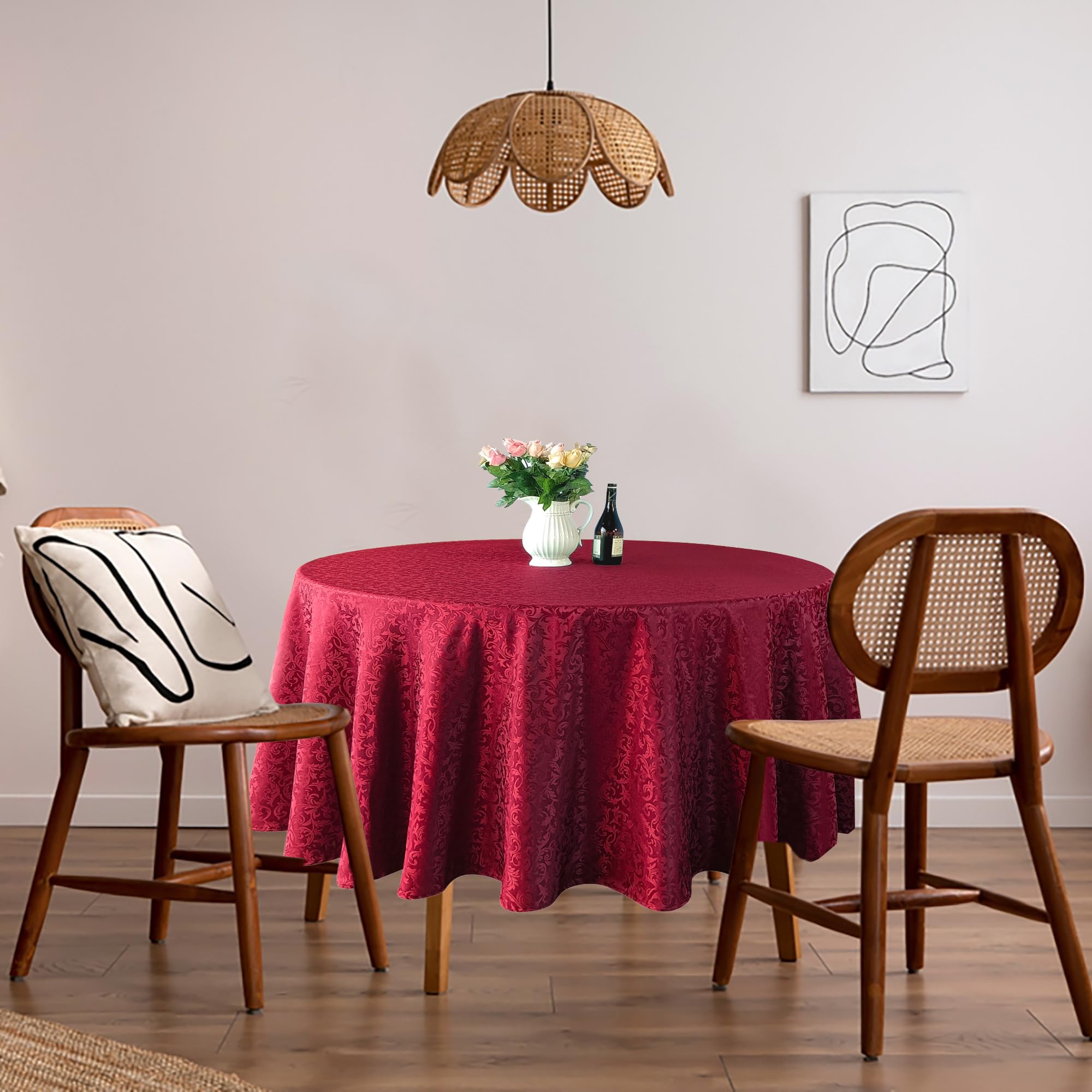 Trimming Shop 120" Round Damask Table Cloth Scrolled Leaves Pattern, Red Circular Linen Table Cover for Banquet, Christmas, Xmas, Dining Parties, Home, Kitchen, Restaurant, Wedding, 1pc