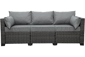 VALITA 3-Seat Patio PE Wicker Couch Furniture Outdoor Brown Rattan Sofa with Washable Cushions(Grey)