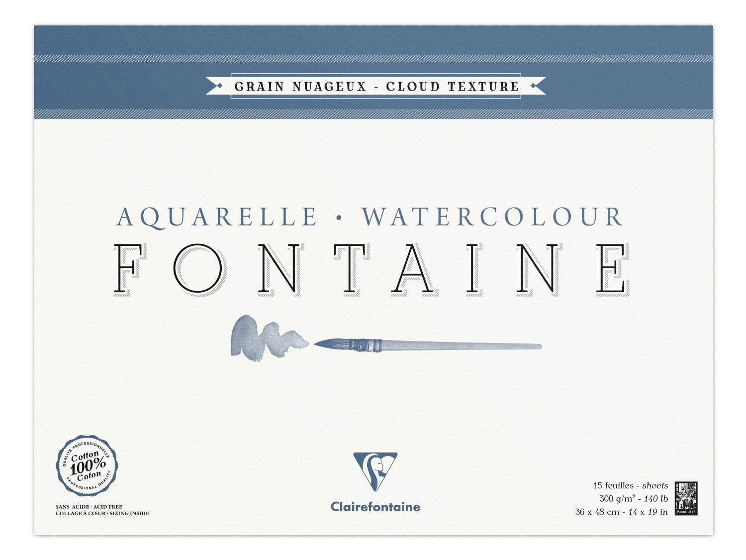 Clairefontaine - Ref 96423C - Fontaine Cloud Texture Watercolour Glued Pad (15 Sheets) - 36 x 48cm Size, 300gsm Paper - Suitable for Watercolour Artwork