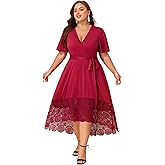 ZNU Plus Size Wedding Guest Dress Women’s V-Neck Short Sleeve Cocktail Dress Lace Hi-Low Hem Formal Dresses with Pockets