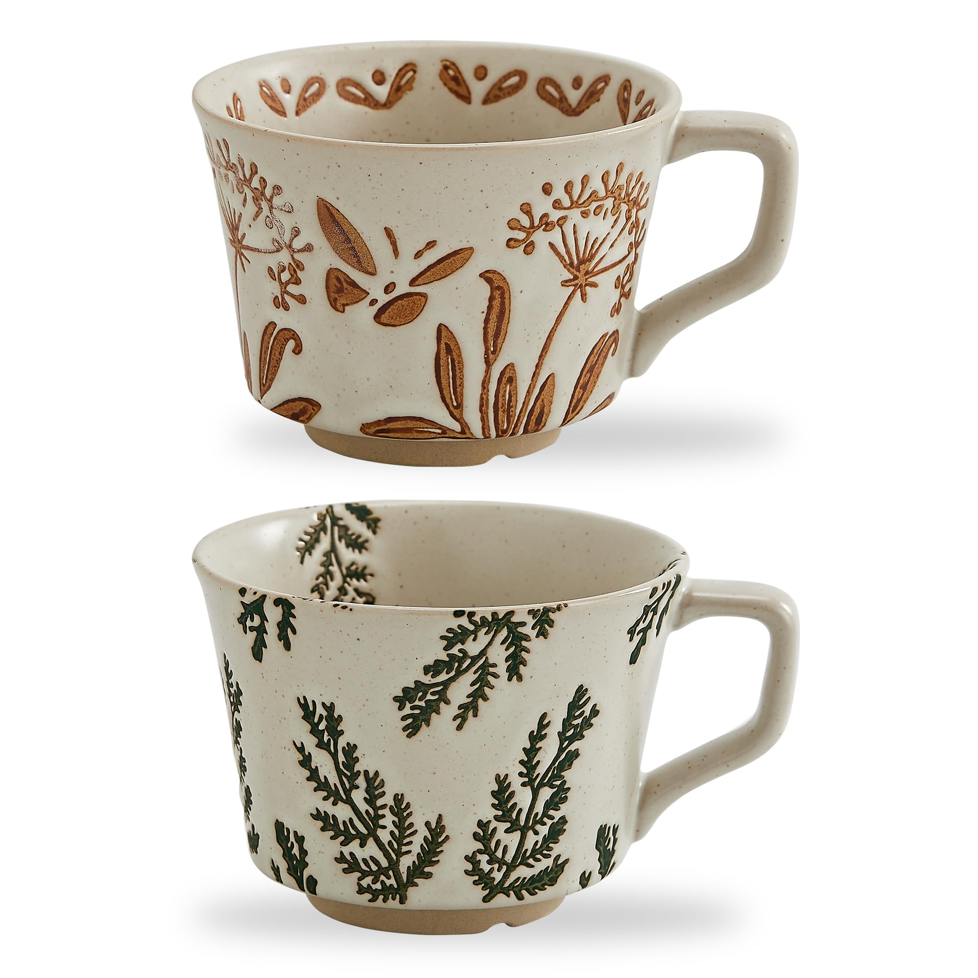 Swuut 350 ml Vintage Ceramic Coffee Cups – Handmade Stoneware Mugs, Big and Stackable for Large Lattes and Camping Coffee, Featuring Plants Designs (Set of 2)