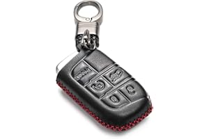 Vitodeco Genuine Leather Smart Key Keyless Remote Entry Fob Case Cover Compatible for Jeep, Dodge, Chrysler (5 Buttons, Black/Red)