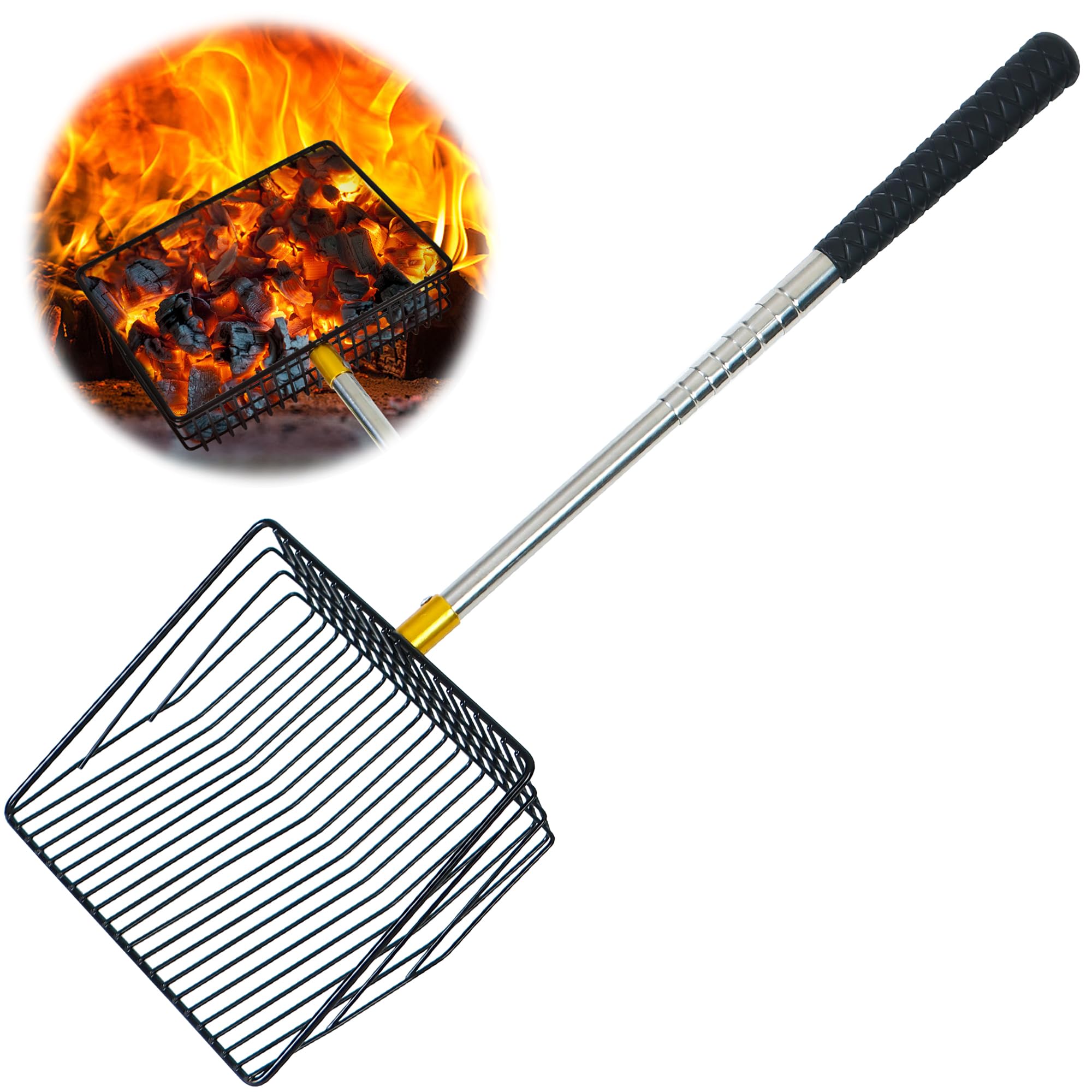 Photo 1 of Hollow Out Fireplace Shovel Black Metal Coal Shovel Fireplace Ash Sifter Scalable Stainless Steel Handle with Silicone Protector to Prevent Burns, Fireplace Tools for Woodstove to Separate Coals