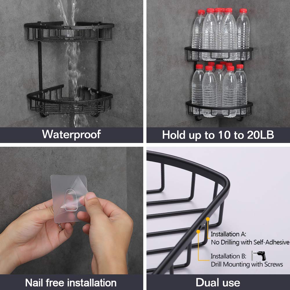 Gricol Bathroom Shower Corner Shelf No Drilling Shower Caddy Black Adhesive Suction 2 Tiers