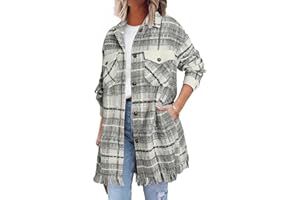 SHEWIN Womens Casual Plaid Shacket Long Sleeve Button Down Oversized Shirt Jacket Coat