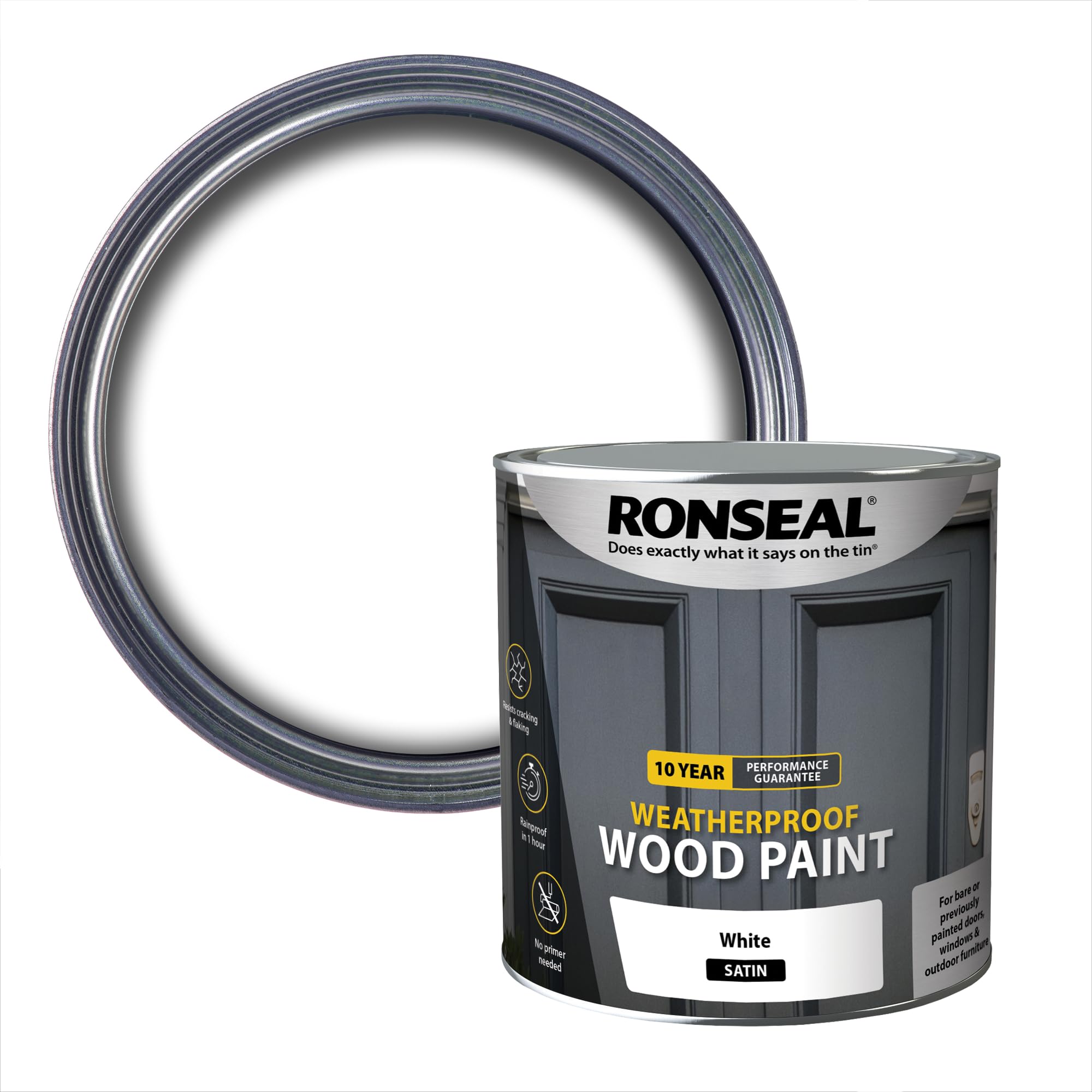 Ronseal 10 Year Weatherproof 2-in-1 Wood Paint White Satin 2.5 Litre