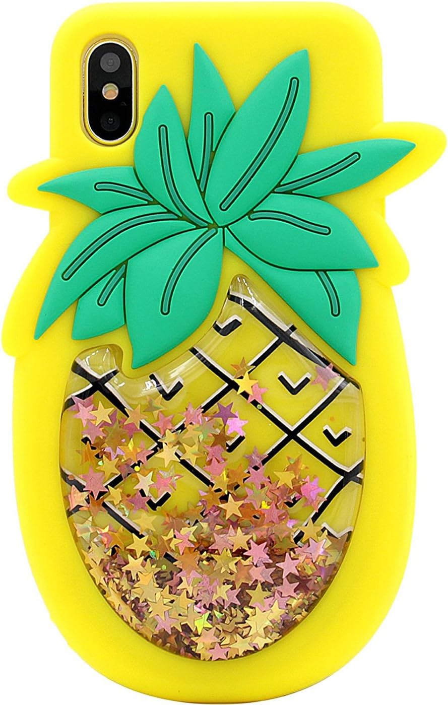 TopFunny Cases for iPhone XR Case Silicone 3D Cute Cartoon Design Bling Quicksands Soft TPU Rubber Bumper Gel Cover Shockproof Case with Strap Compatible with Apple iPhone XR 6.1" Liquid Pineapple
