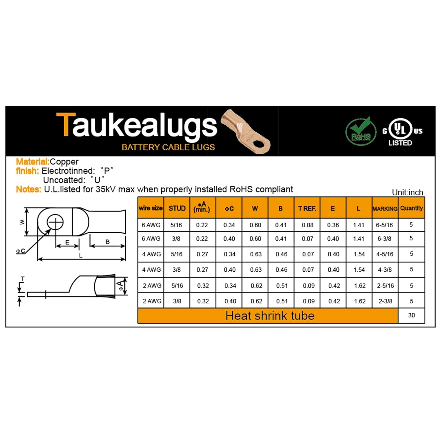 60PCS Battery Terminal Connectors Cable Ends and 2:1 Heat Shrink Tube, UL Listed AWG Crimp Copper Wire Ring lugs Assortment Kit: Industrial & Scientific