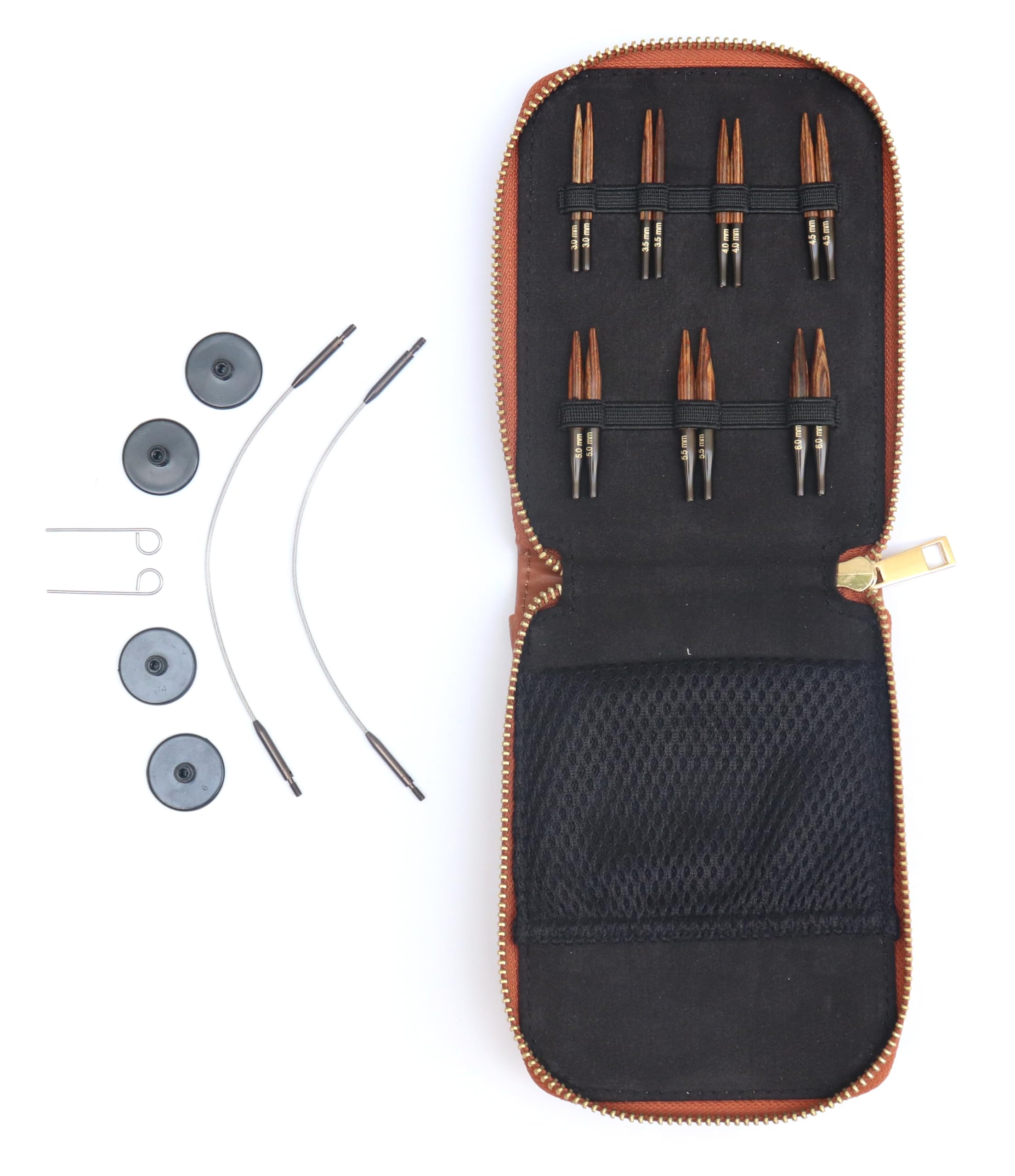 KnitPro Ginger Knitting Needle Set - Mini Interchangeable Pins, 2 25cm Cables, End Caps, Cable Keys, Faux Leather Case, 3,3.5,4,4.5,5,5.5,6mm