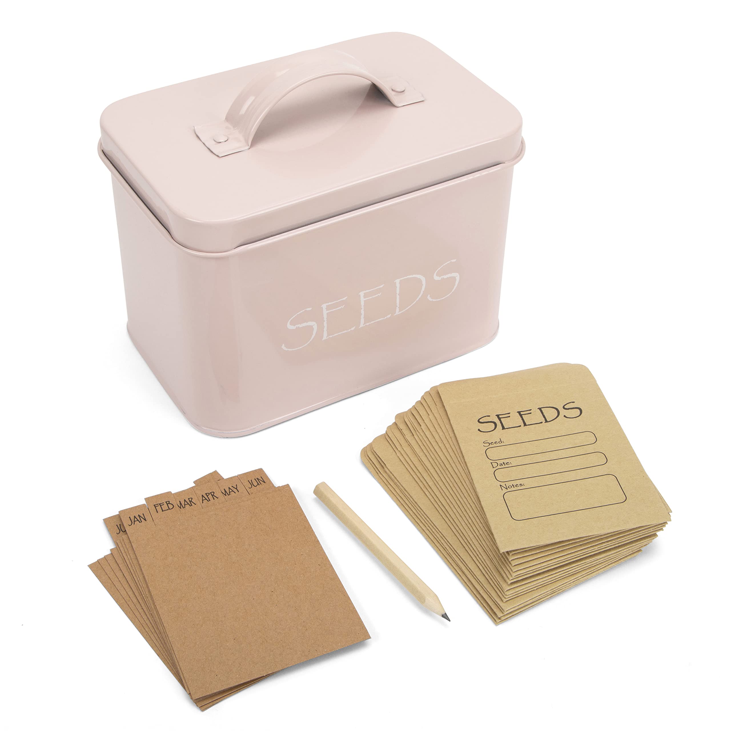 Katai Seed Storage Box – Durable Metal Seed Organizer Storage Box for Gardeners, Complete Seed Packet Storage Box with Lid, Monthly Dividers, 20 Envelopes & Pencil, Compact Seed Saver, Pink Flamingo