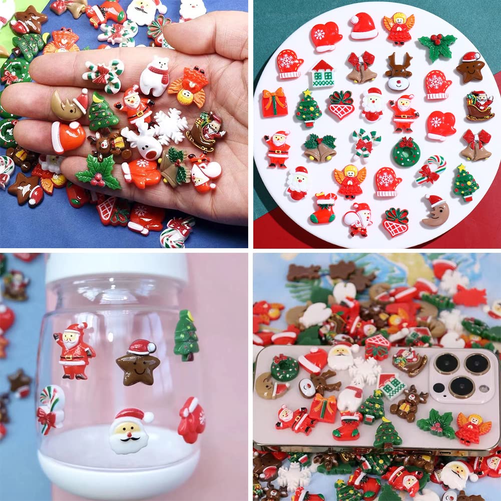 100pcs Christmas Slime Flatback Charms, Assorted Craft Resin Ornaments Miniature Ornaments Set, Santa Snowman Tree Bell Resin Decoration for Craft Making, Ornament Scrapbooking DIY Crafts