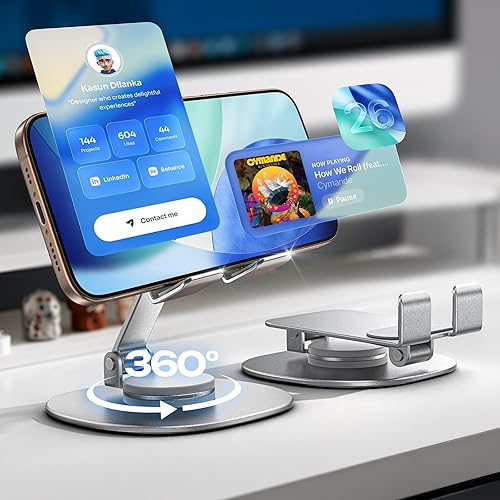 LISEN Cell Phone Stand iPhone Stand for Desk, 360° Rotation for Phone Stand Holder Portable Adjustable Phone Holder Office Accessories All Metal Silver for iPhone 17 16 15 Pro Max Air 4"-8" Device