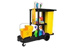 Berry Commercial Janitorial Cart with 3 Tier Shelves Professional Cleaning Trolley with Rubbish Bag with Lid and Mop Mount fo