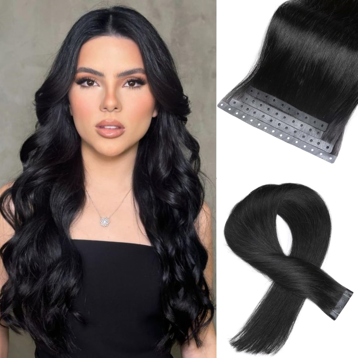 Photo 1 of Invisible Hole Weft Human Hair Extensions Micro Ring PU Hair Extension Skin Tape in Extensions for Women Beaded Weft Glueless Remy Hair Extension Human Hair (16 Inch, 4Pcs, 35g, Natural Black)