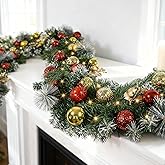 Beinhome 6 Ft Pre-Lit Christmas Garland, Artificial Christmas Hanging Garland with Lights Timer, Red Gold Glitter Ball Decoration for Home Stairs Table Fireplace Xmas Holiday Festival Decor