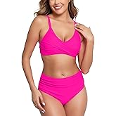 Halcurt Women's Bikini Sets Twist Front Swim Top with Ruched Tummy Control Bottom Two Piece Swimsuit
