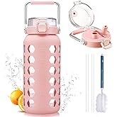MUKOKO 64oz Glass Water Bottles with Straw and Lid,Half Gallon Water Bottle with Time Marker,Large Glass Water Jug with Silicone Sleeve and Stainless Steel Handle-Pink