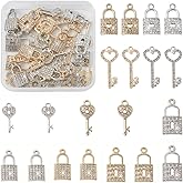 KISSITTY 40Pcs/box 10 Style Alloy Padlock & Skeleton Key Charm Pendants Skeleton Small Key & Lock Crystal Rhinestone Jewelry Charm Ornaments for Earring Bracelet Necklace Jewelry Making