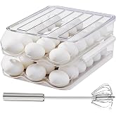 ZKEEWUP Egg Holder for Fridge, Automatic Rolling Egg Dispenser for Refrigerator with Lid, Stackable 2-Tier Egg Storage Container, Clear Food-Grade Egg Organizer for Fridge Kitchen