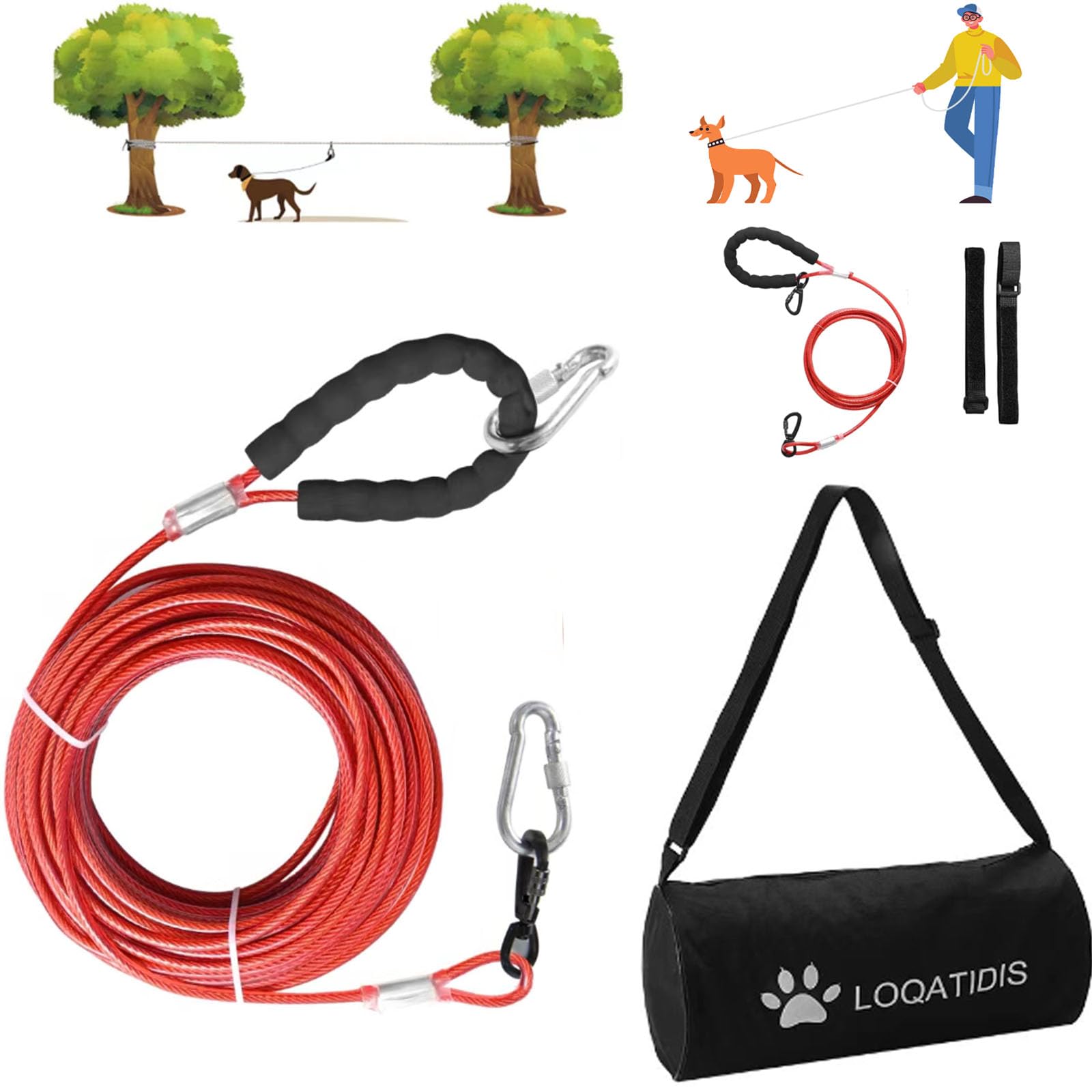 LOQATIDIS 3 in 1 Dog Tie Out Cable, Heavy Duty Stainless Steel Wire 50ft Portable Overhead Trolley System, Durable Pull Resistant Dog Running Leash Rope, with Large Capacity Shoulder Bag