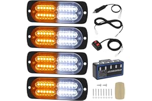 LINKITOM 4pcs Ultra Slim Sync Feature 24-LED Car Truck Surface Mount Emergency Hazard Warning Strobe light (Amber&White)