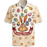 Easter Shirts for Men Funny Easter Eggs Bunny Carrot Print Hawaiian Button Dress Casual Shirts Loose Fit