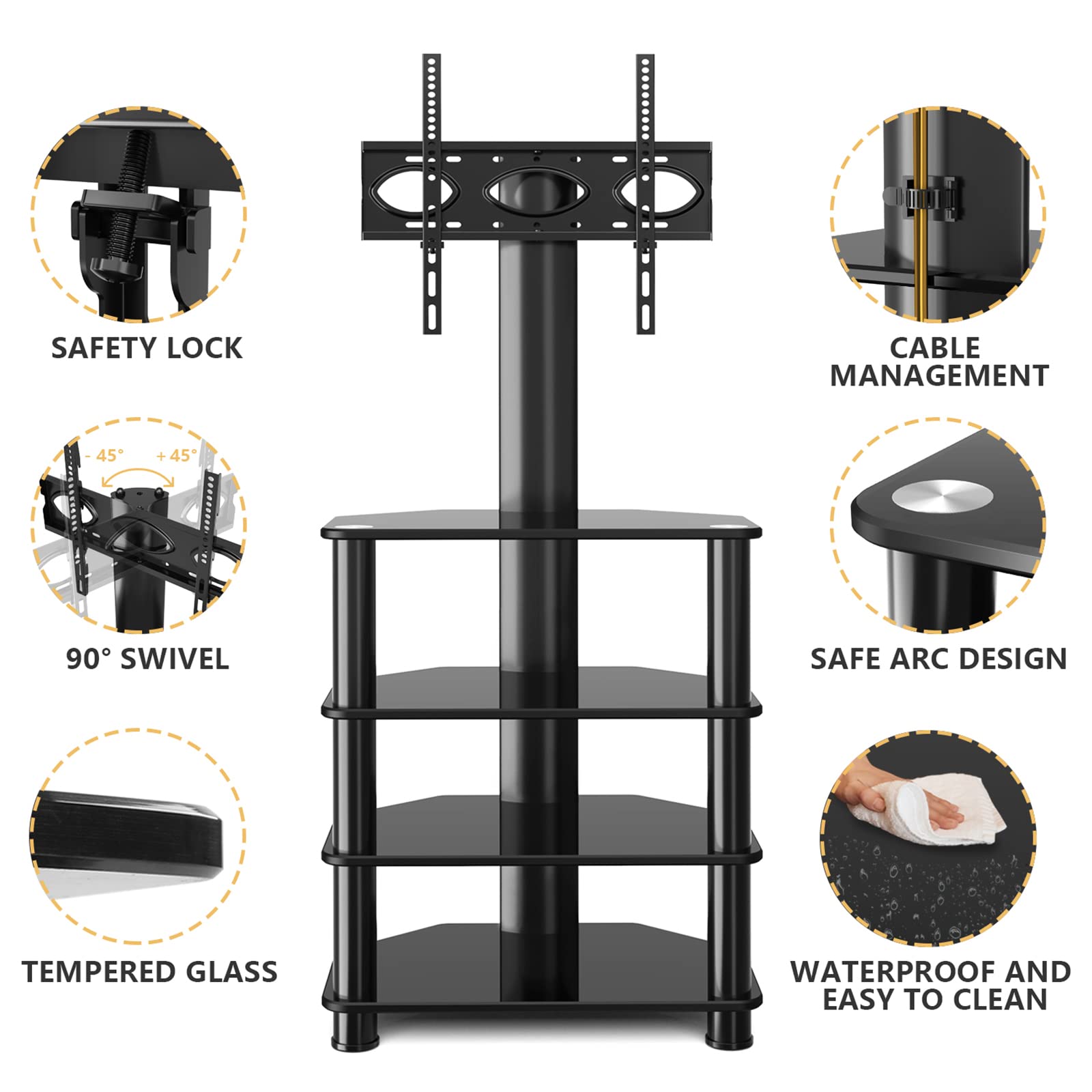 TAVR Furniture 4-Tiers Media Component TV Stand with Swivel Mount Audio Shelf and Height Adjustable Bracket, Black Floor TV Stand for 32-70 Inch LCD LED OLED Flat/Curved Screen TVs