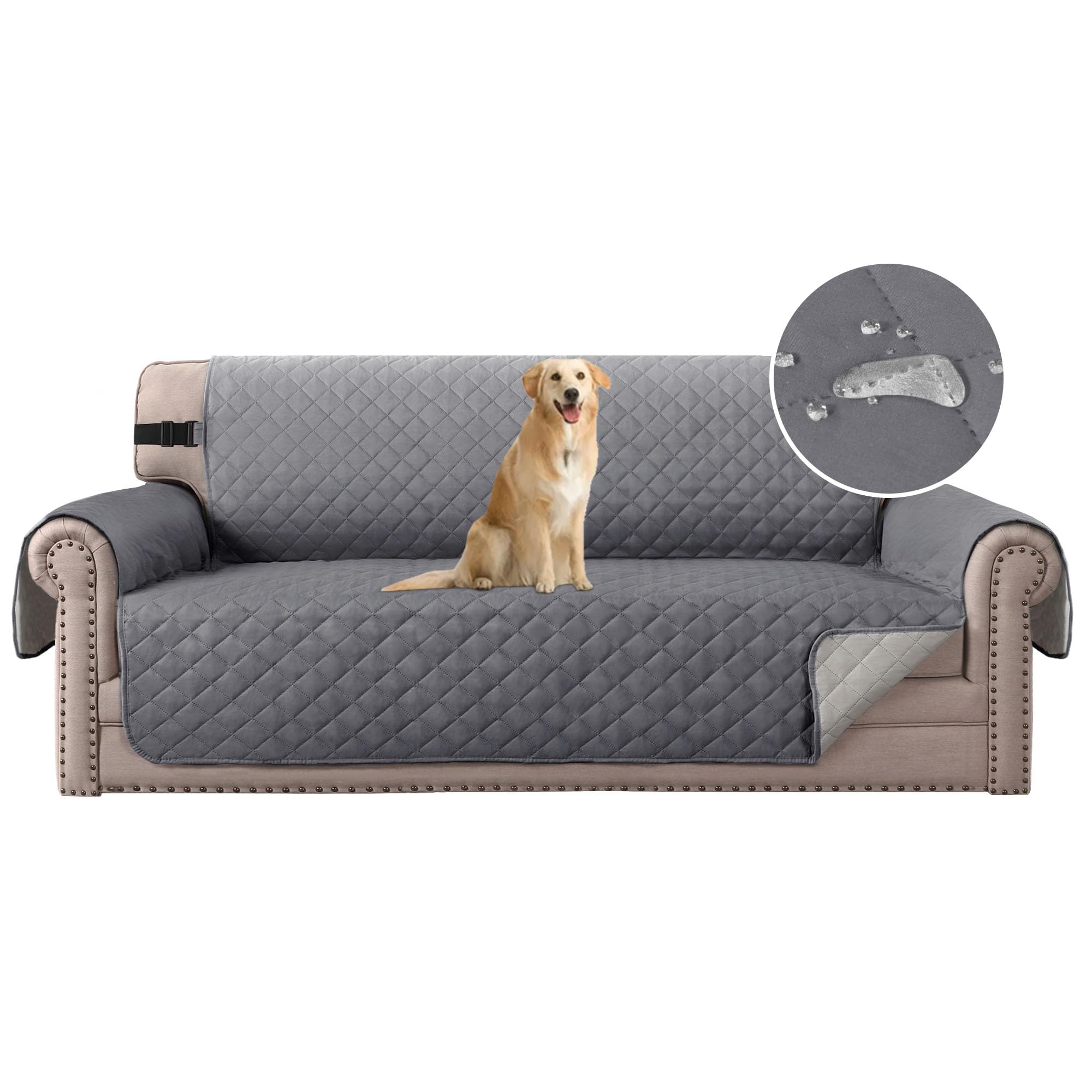 H.Versailtex Sofa Cover for Pets, Water Resistant Sofa Slipcover 3 Seater for Kids, Machine Washable Quilted Sofa Couch Covers with Adjustable Elastic Straps(Grey/Beige)
