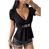 Milumia Women's Wrap V Neck Short Sleeve T Shirt Grommet Ruffle Hem Going Out Tee Tops