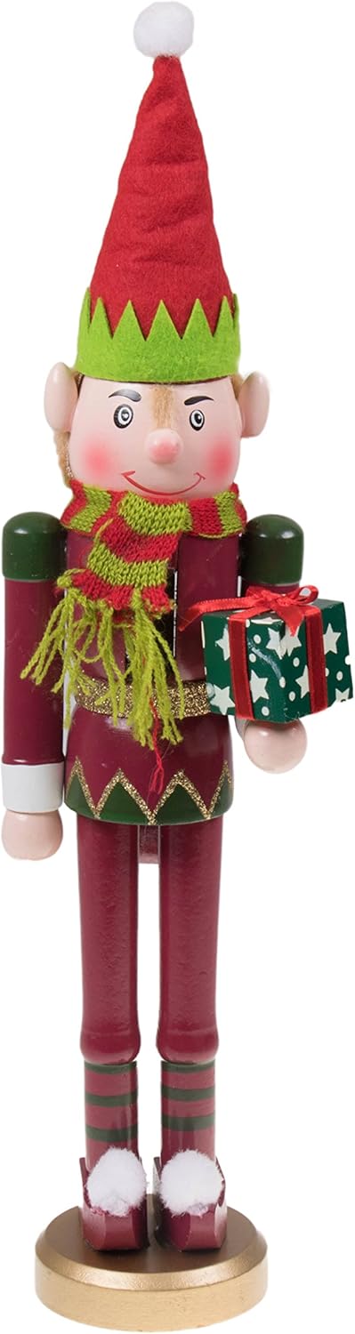 Clever Creations Santa’s Elf Christmas Nutcracker Traditional Wooden Nutcracker | Wearing Elf Hat and Scarf | Holding Gift | Festive Christmas Decor | Perfect for Shelves and Tables | 15" Tall