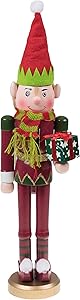 Clever Creations Santa’s Elf Christmas Nutcracker Traditional Wooden Nutcracker | Wearing Elf Hat and Scarf | Holding Gift | Festive Christmas Decor | Perfect for Shelves and Tables | 15" Tall