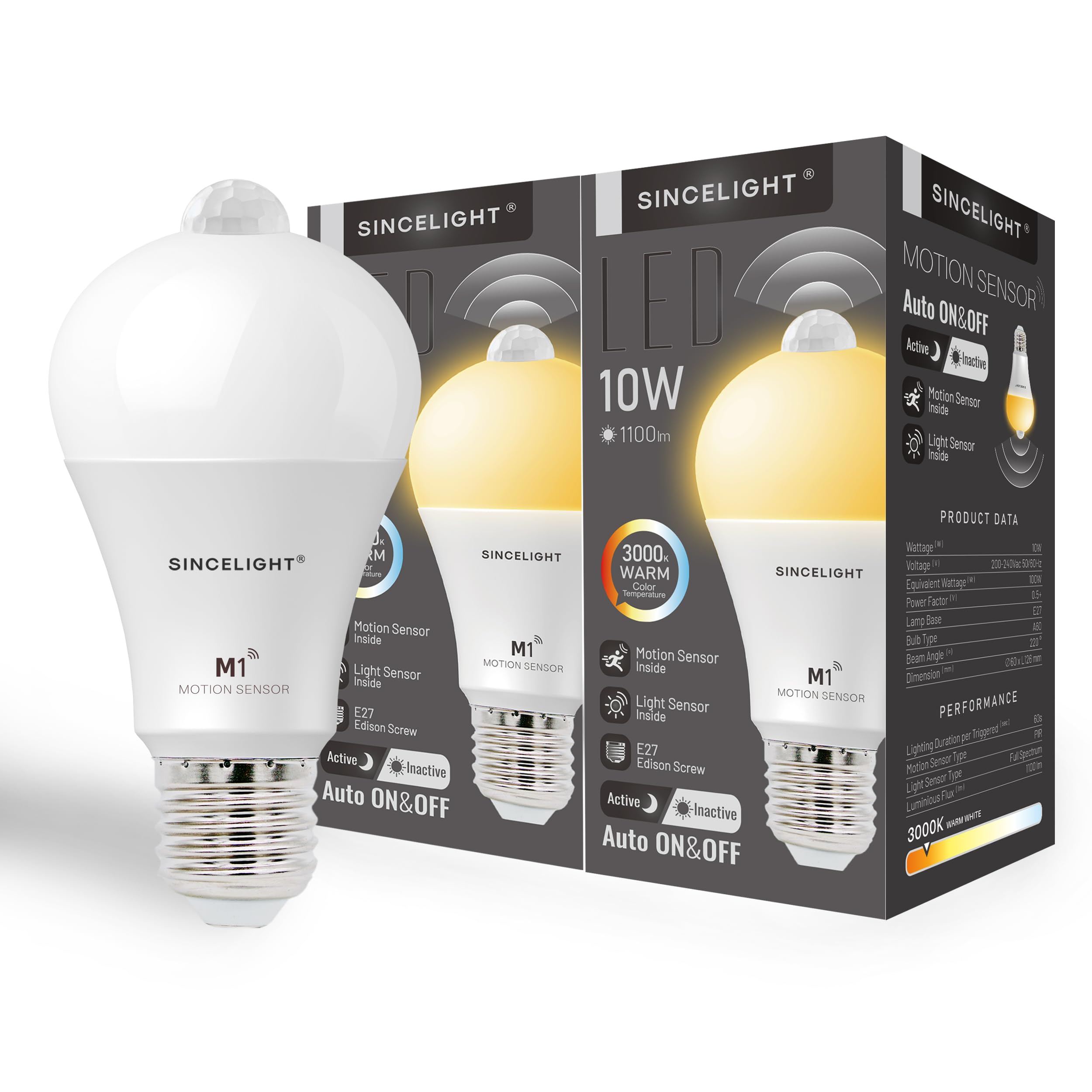 SINCELIGHT Motion Sensor LED Bulb with E27 Cap, Detects Human Movement, Automatic ON/Off in Darkness, 10W GLS Bulb with PIR Sensor, Security Light Bulb, 60 Seconds Delay, Pack of 2