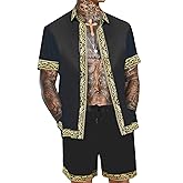 OYOZONE Men's Hawaiian Shirt and Short Set 2 Piece Outfits Luxury Printed Casual Button Down Short Sleeve Satin Shirt Suits
