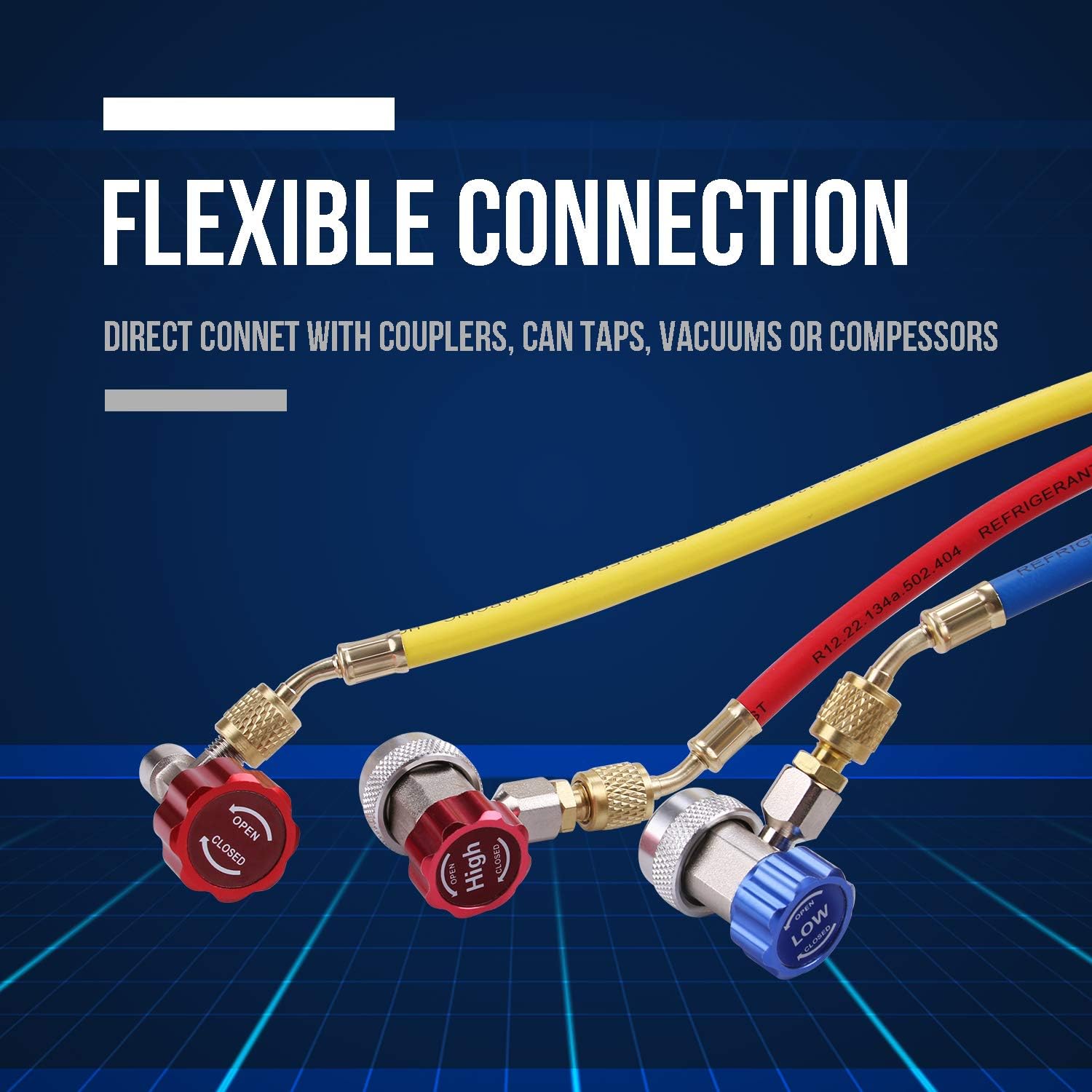 Lichamp 3 Pieces 5FT AC HVAC Manifold Gauge Hose Kit with Ball Valve Tension Hose and 4 Pieces Hose Adapters Fits R134A R410A R404A R12 R22 R502 R1234YF Refrigerants: Automotive