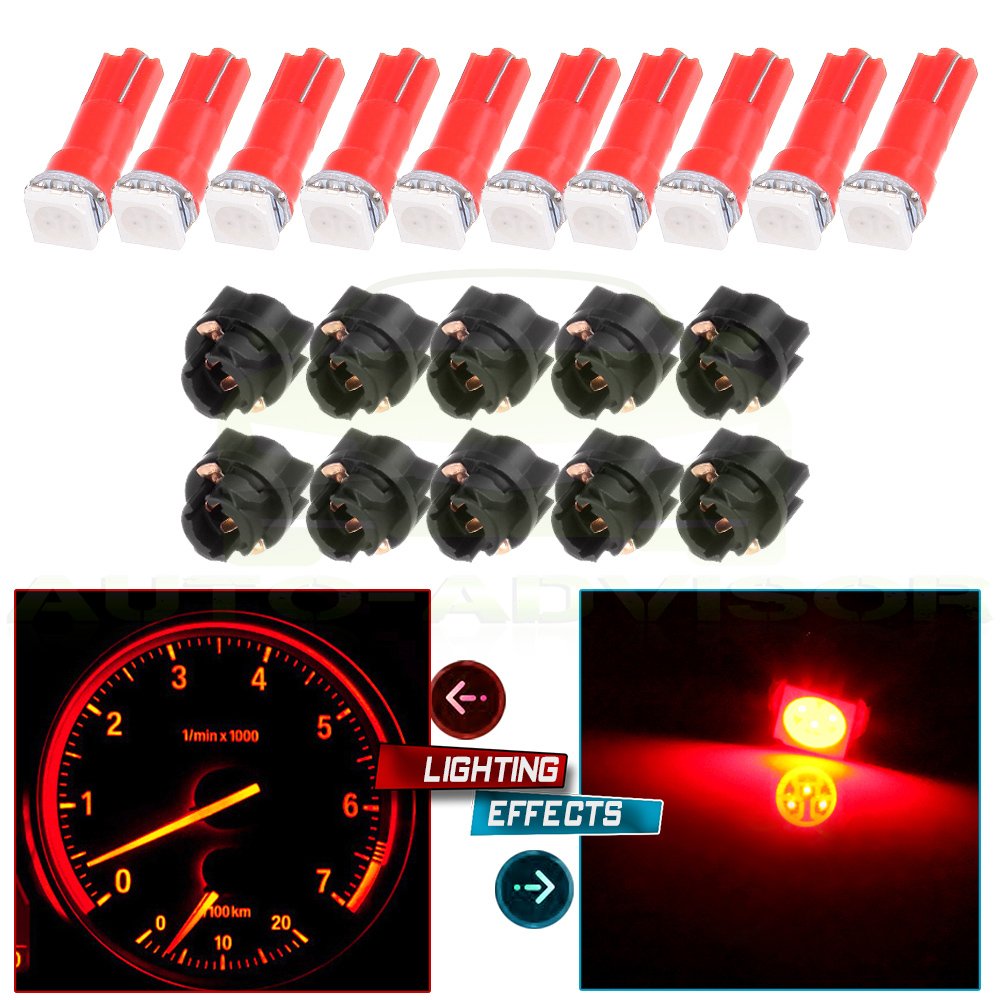 cciyu 10pcs T5 74 85 58 37 27 17 1-5050-SMD LED w/Black Twist Sockets Instrument Panel Dash Light Bulbs (red)