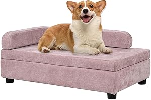 AFBKSS&BB Pet Sofa with Hidden Storage for Puppy and Cat,Linen Fabric Dog Sofa,Cat Couch with Wooden Frame (Pink)