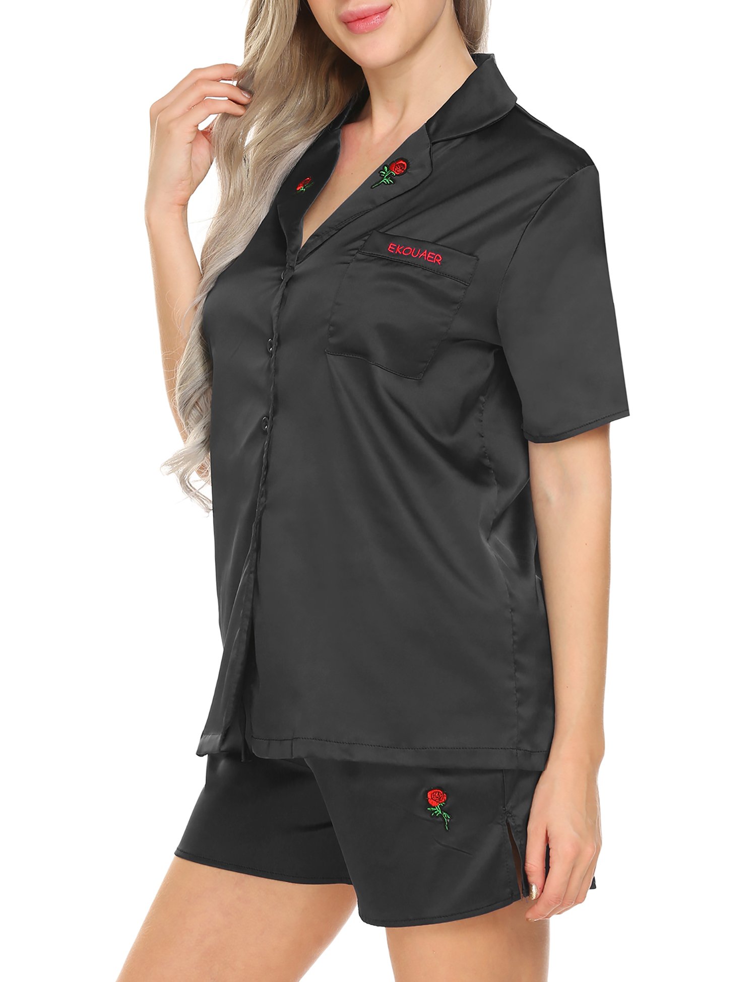 Ekouaer Rose Patchwork Pajamas Set Short Sleeve Sleepwear For Women(Black XL)