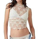 Naileksi Women Sleeveless See Through Lace Mesh Crop Top Mock Neck Ruched Side Slim Fit Floral Sheer Cropped Tank Top