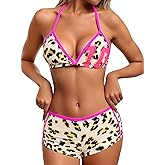 Hilinker Womens Leopard Halter Bikini Sets Sexy Swimsuits Triangle Top with Shorts 2 Piece Bathing Suits