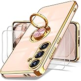 Dretal for Samsung Galaxy S24 FE 5G Case, 2X Tempered Glass Screen Protector, 360° Rotatable Ring Holder Magnetic Kickstand,Plated Gold Edge Slim Soft TPU Protective Cover for S24 FE (Pink)