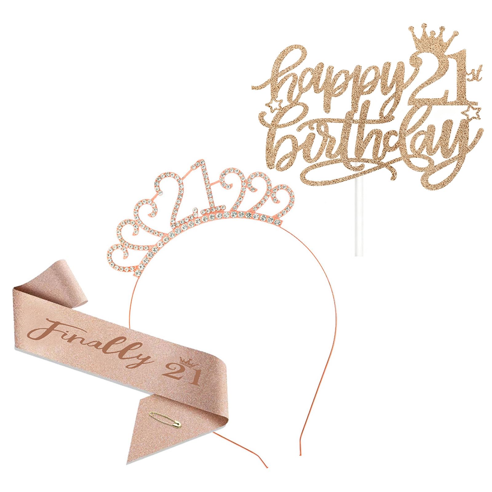Gkhlg 3 Pieces 21st Birthday Decorations Set (Tiara + Sash + Banner) with Shining Rhinestones and Rose Gold Letters 21st Birthday Sash for 21st Birthday Party Celebrations and Photography Props (Pink)