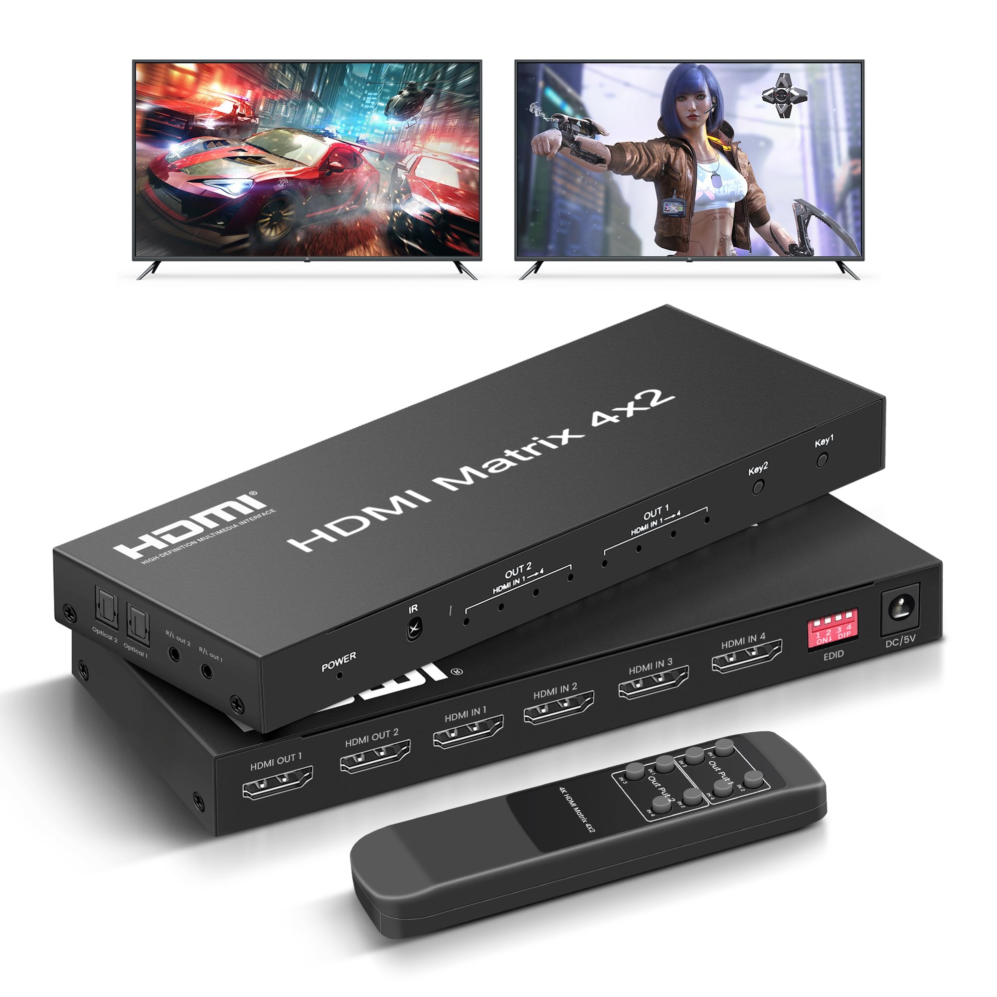 Photo 1 of FERRISA 4x2 HDMI Matrix Switch, 4 in 2 Out Matrix HDMI Video Switcher Splitter +Optical & L/R Audio Output,Support Ultra HD 4K, 3D 1080P, Audio EDID Extractor with IR Remote Control